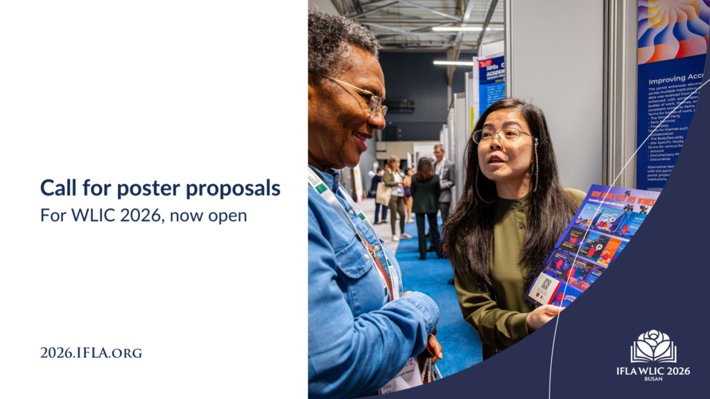 Two people engaged in conversation at a conference; one holds an illustrated poster.