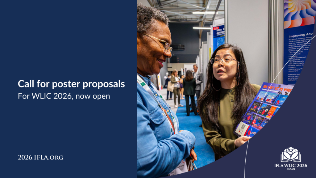 Two people engaged in conversation at a conference; one holds an illustrated poster.