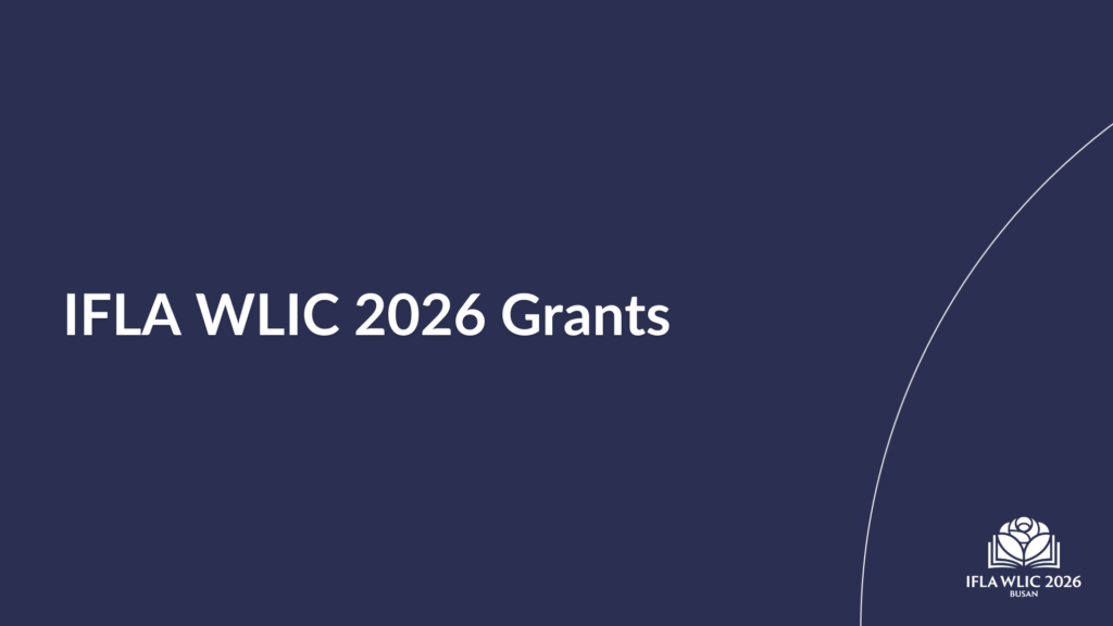 Solid navy coloured background with text IFLA WLIC 2026 Grants